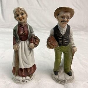 Vintage Grandma & Grandpa Farm Couple Porcelain Figurines Old World Berry Basket